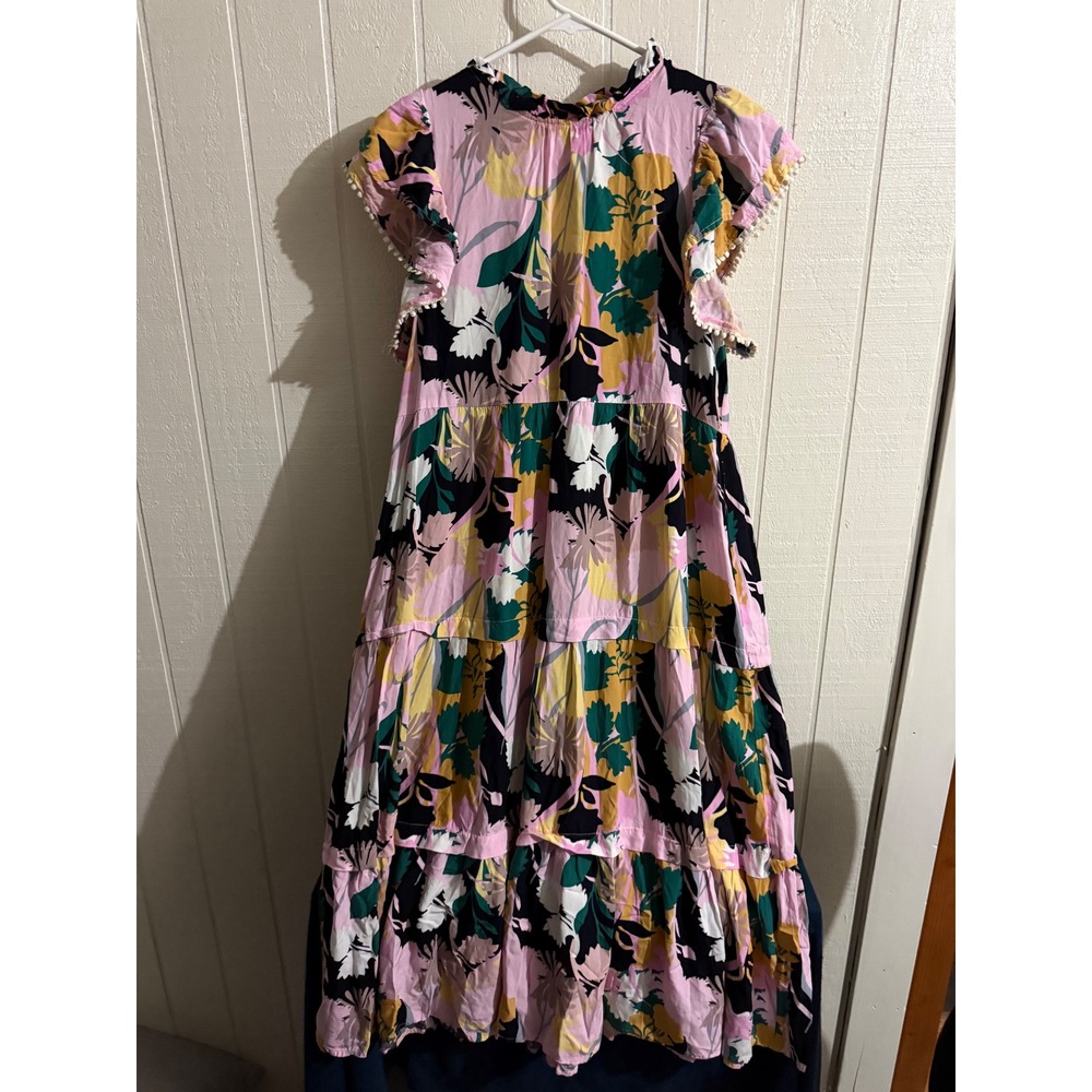 THML Pink Floral Tiered Maxi Dress Flutter Sleeve Pom Pom Trim Medium